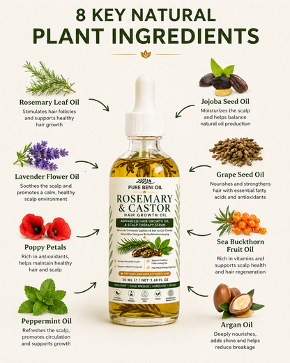 Pure Beni Rosemary & Castor Hair Growth Oil with 8 key natural ingredients for healthy hair growth and scalp care