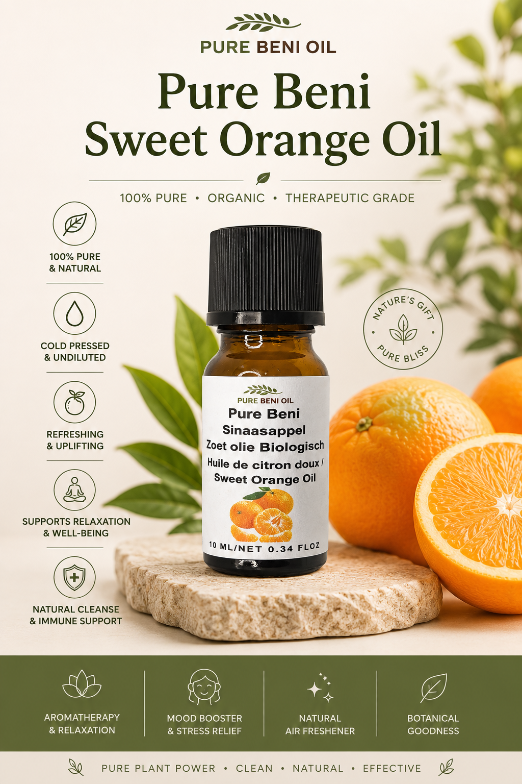 Pure Beni Sweet Orange Essential Oil bottle with fresh orange citrus for aromatherapy relaxation natural wellness and uplifting botanical care