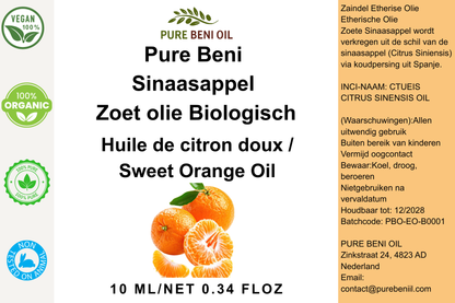 Pure Beni Sweet Orange Essential Oil bottle with fresh orange citrus for aromatherapy relaxation natural wellness and uplifting botanical care
