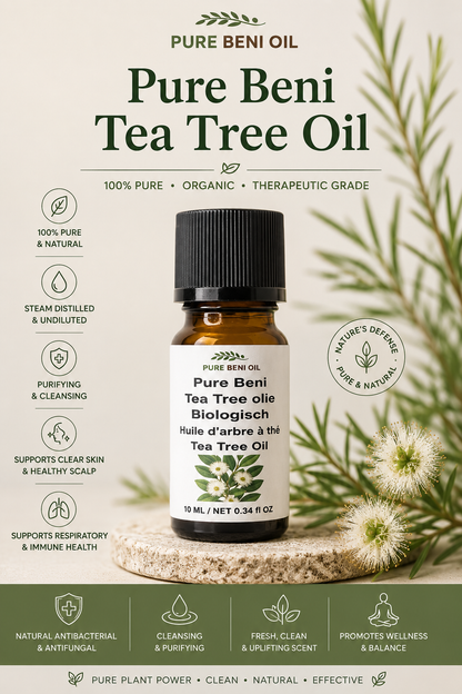 Pure Beni Tea Tree Oil organic essential oil bottle with tea tree leaves, natural antibacterial and purifying oil for scalp care, skin care and aromatherapy.