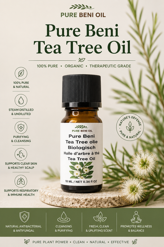Pure Beni Tea Tree Oil organic essential oil bottle with tea tree leaves, natural antibacterial and purifying oil for scalp care, skin care and aromatherapy.