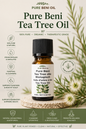 Pure Beni Tea Tree Oil organic essential oil bottle with tea tree leaves, natural antibacterial and purifying oil for scalp care, skin care and aromatherapy.
