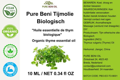 Pure Beni Thyme Essential Oil with fresh thyme herbs for natural wellness aromatherapy immune support and botanical skincare