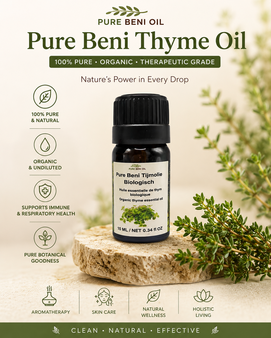 Pure Beni Thyme Essential Oil with fresh thyme herbs for natural wellness aromatherapy immune support and botanical skincare