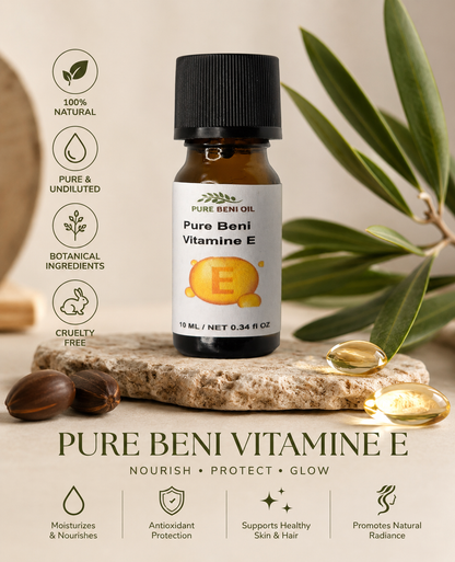Pure Beni Vitamin E Oil bottle with botanical ingredients and nourishing antioxidant skincare benefits for healthy glowing skin and hair