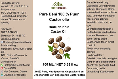 PURE BENI Organic Castor Oil clean packaging label close-up with product information and vegan organic certification