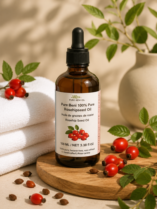 PURE BENI Organic Rosehip Seed Oil bottle displayed in a natural skincare setting with rosehip berries, green leaves, and soft spa-inspired background for healthy glowing skin.