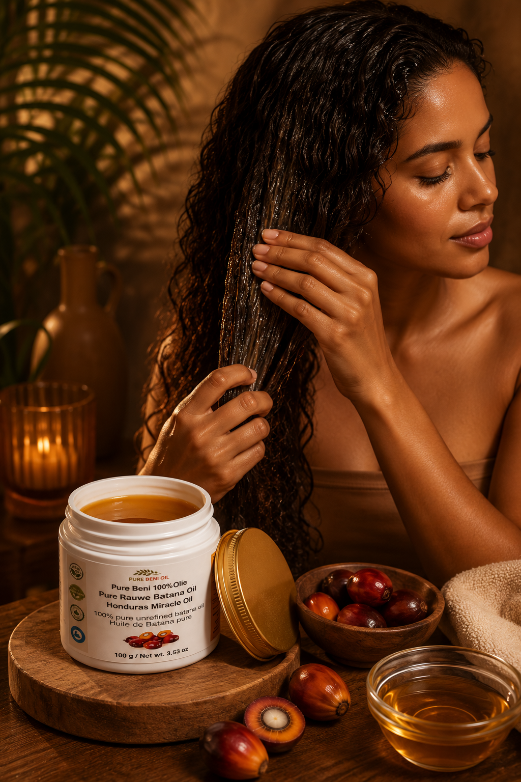 PURE BENI Batana Oil hair treatment with model using the oil for deep hair nourishment and shine.