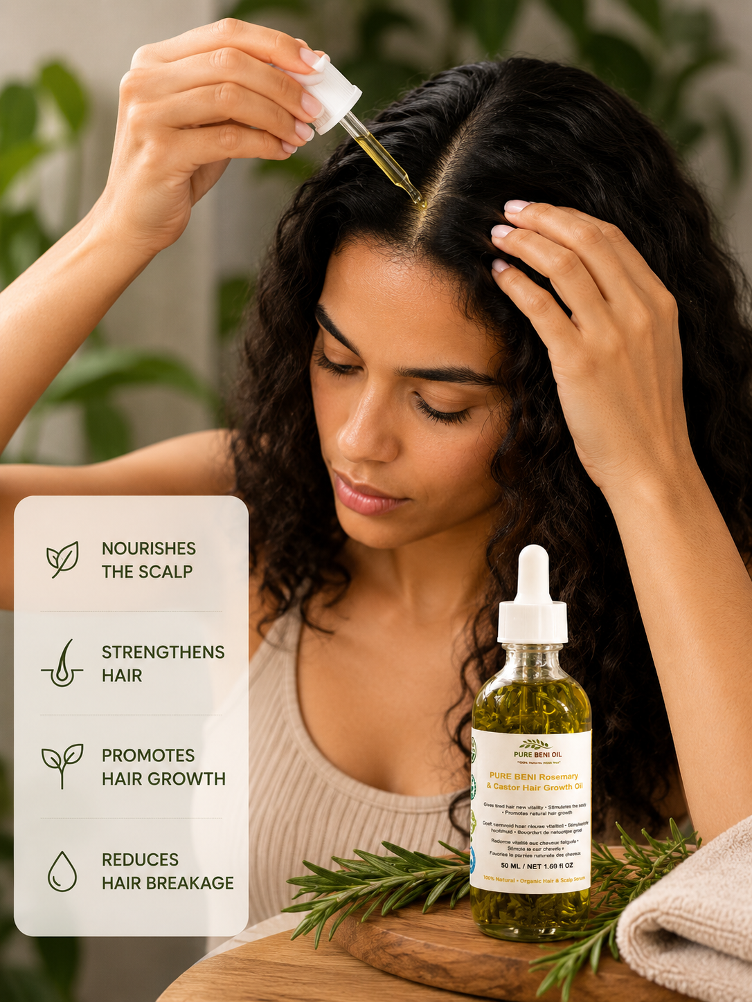 Woman applying PURE BENI Rosemary & Castor Hair Growth Oil on curly hair in a natural organic skincare environment.
